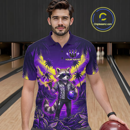 Bowler wearing funny cool raccoon bowling ball blue tropical team shirt on the lanes