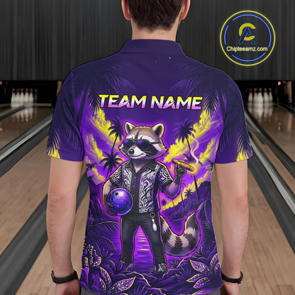 Bowler wearing funny cool raccoon bowling ball blue tropical team shirt on the lanes - back view