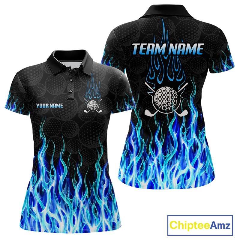 Womens golf polo shirt front and back view, custom team name, tailored fit for perfect golf swing
