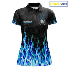 Load image into Gallery viewer, Womens golf polo shirt blue flame pattern - front view, custom name available