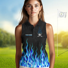 Load image into Gallery viewer, Model wearing sleeveless golf polo shirt turquoise flame pattern, breathable cotton fabric on golf course