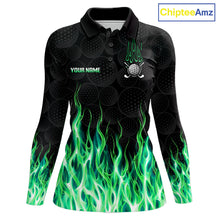 Load image into Gallery viewer, Womens long sleeve golf polo shirt turquoise flame pattern - front view, custom name available