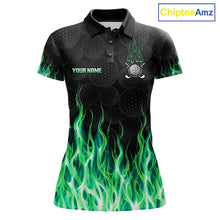 Load image into Gallery viewer, Womens golf polo shirt green flame pattern - front view, custom name available