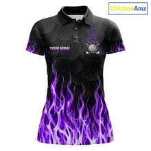 Load image into Gallery viewer, Mens golf polo shirt purple flame pattern - front view, custom name available