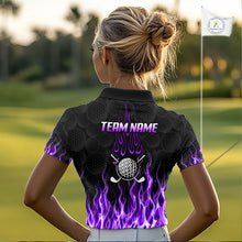 Load image into Gallery viewer, Model wearing golf polo shirt purple flame pattern, breathable cotton fabric on golf course