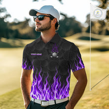 Load image into Gallery viewer, Model wearing golf polo shirt purple flame pattern, breathable cotton fabric on golf course