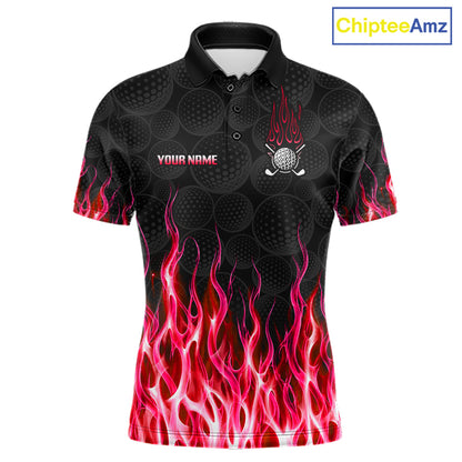 Mens golf polo shirt red flame pattern - front view, custom name available