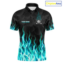 Load image into Gallery viewer, Mens golf polo shirt turquoise flame pattern - front view, custom name available
