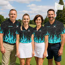 Load image into Gallery viewer, Golf team wearing matching turquoise flame pattern polo shirts, custom name &amp; team name, tailored fit