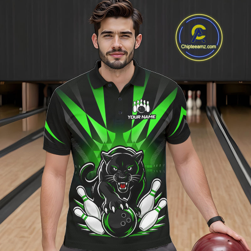 Bowler wearing custom black and blue leopard bowling polo team jersey on the lanes
