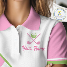 Load image into Gallery viewer, close up text “I hate golf nice shot I love golf” pink argyle golf polo