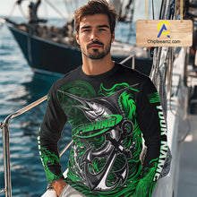 Load image into Gallery viewer, Model wearing Marlin Saltwater Fishing Shirt custom ocean camo long sleeve UPF on boat offshore tournament fishing