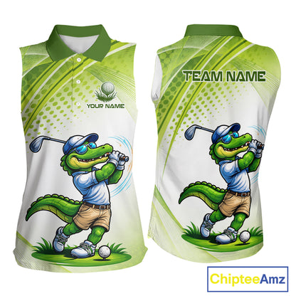 Funny White And Green Alligator Sleeveless Golf Polo Shirts For Women Custom Team Alligator Golf Outfit, Golfer Gifts NBT508