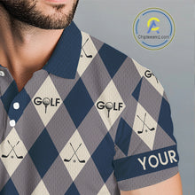 Load image into Gallery viewer, Blue Argyle Plaid Pattern Mens Golf Polo Shirts Custom Golf Attire For Men, Team Golf Shirt NBT636