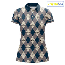 Load image into Gallery viewer, Blue Argyle Plaid Pattern Womens Golf Polo Shirts Custom Golf Attire For Ladies, Team Golf Shirt NBT636
