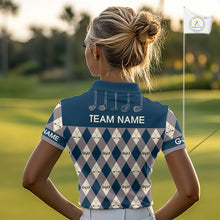 Load image into Gallery viewer, Blue Argyle Plaid Pattern Womens Golf Polo Shirts Custom Golf Attire For Ladies, Team Golf Shirt NBT636