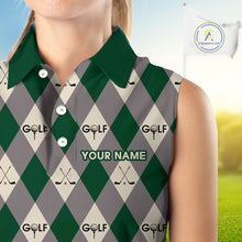 Load image into Gallery viewer, Green Argyle Plaid Pattern Womens Sleeveless Golf Polo Shirts Custom Golf Attire For Ladies, Team Golf Shirt NBT637