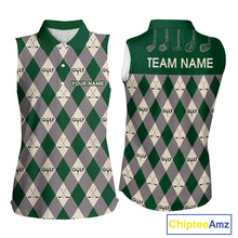 Load image into Gallery viewer, Green Argyle Plaid Pattern Womens Sleeveless Golf Polo Shirts Custom Golf Attire For Ladies, Team Golf Shirt NBT637