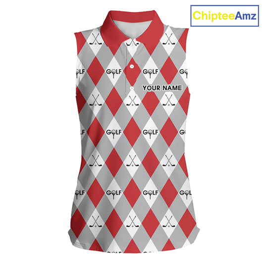 Red Argyle Plaid Pattern Womens Sleeveless Golf Polo Shirts Custom Golf Attire For Ladies, Team Golf Shirt NBT638