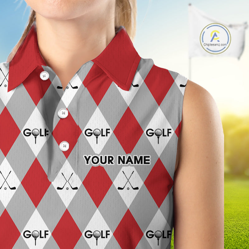 Red Argyle Plaid Pattern Womens Sleeveless Golf Polo Shirts Custom Golf Attire For Ladies, Team Golf Shirt NBT638