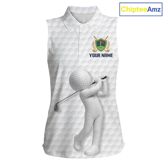 Front view Custom Name womens sleeveless golf polo shirt with unique golf ball pattern and personalized design