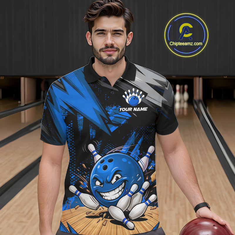 man bowler wearing custom funny bowling ball blue team polo shirt on the lanes