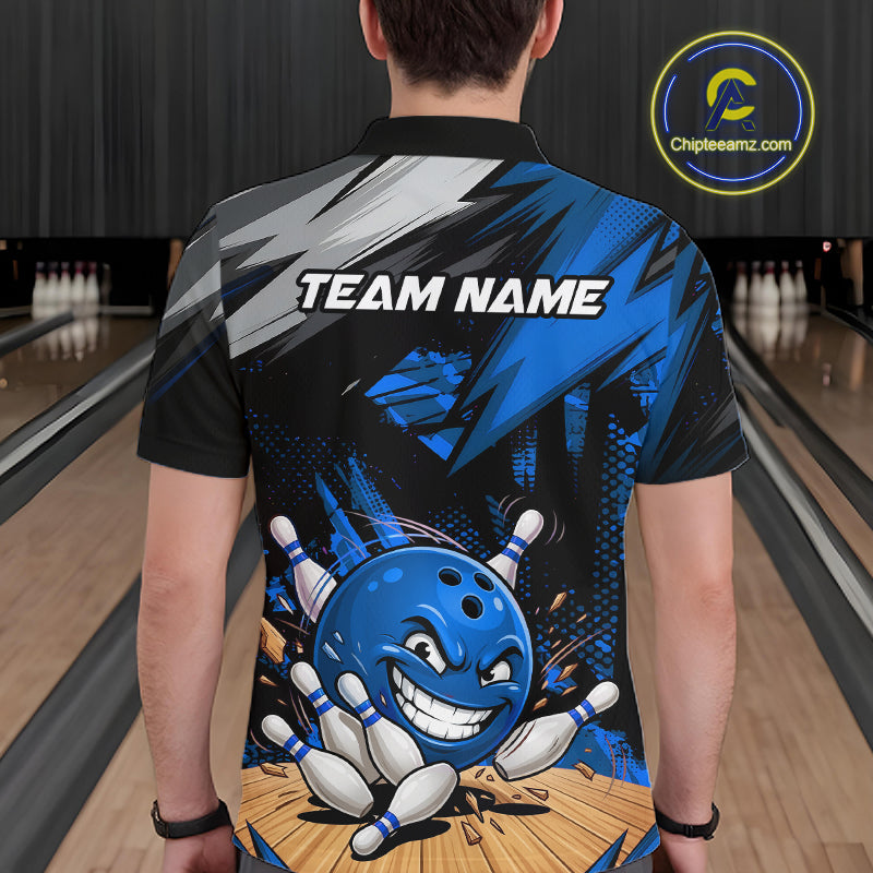 man bowler wearing custom funny bowling ball blue team polo shirt on the lanes with personalized name