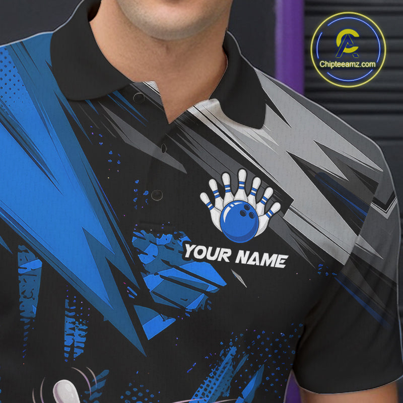 Close-up of custom funny bowling ball men’s polo shirt fabric and collar, blue bowling team shirt