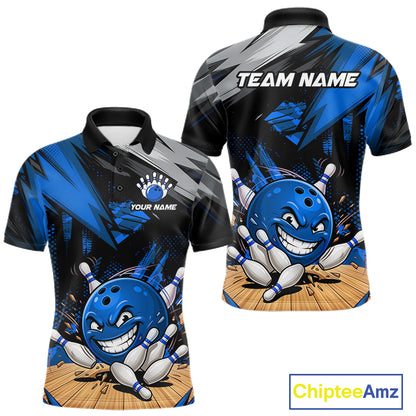 Front and back view of custom funny bowling ball men’s polo shirt, blue bowling team design