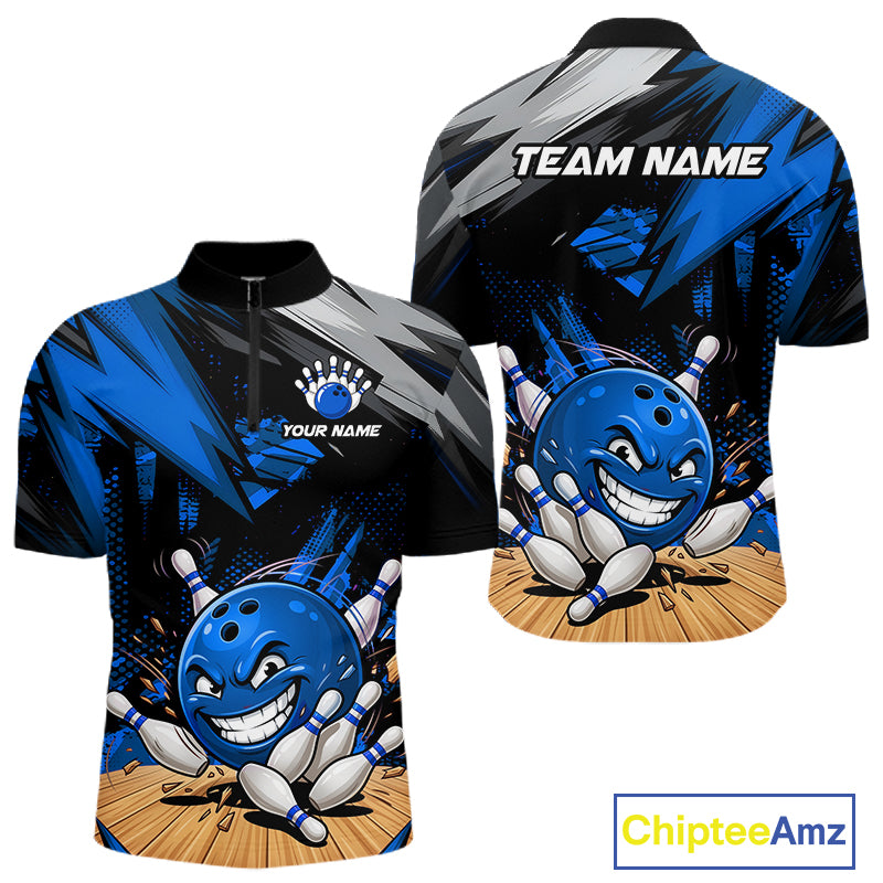 Front and back view of custom funny bowling ball men’s quarter-zip shirt, blue bowling team jersey