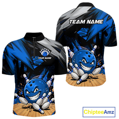 Front and back view of custom funny bowling ball men’s quarter-zip shirt, blue bowling team jersey