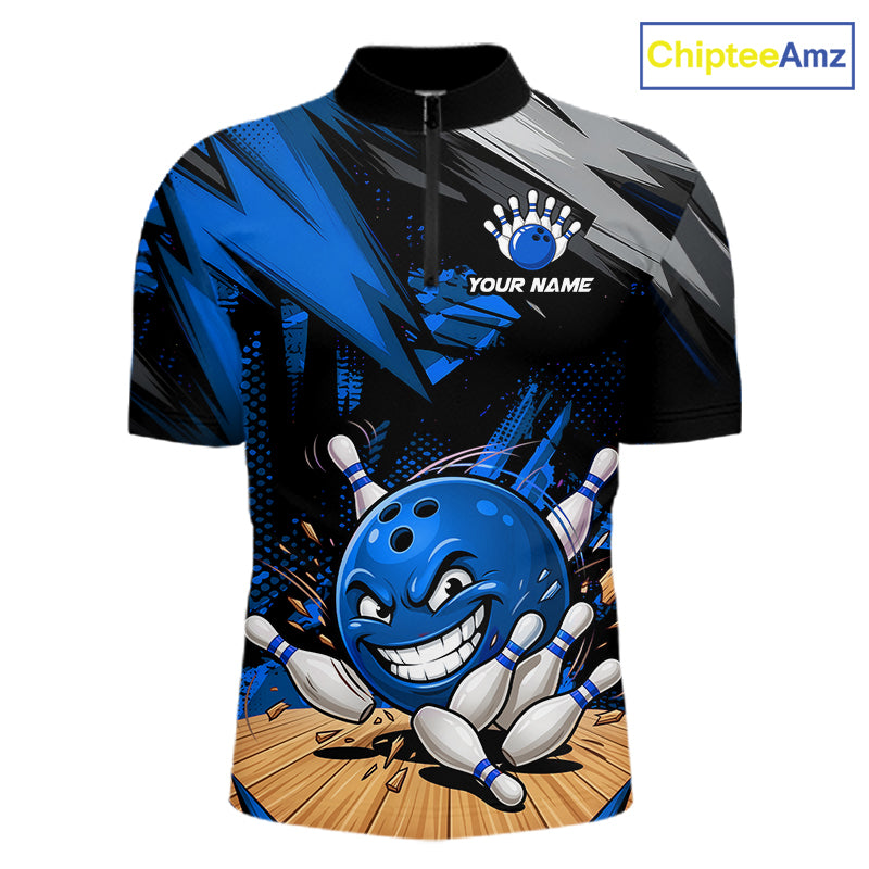 Front view of custom funny bowling ball men’s quarter-zip shirt, blue bowling team jersey