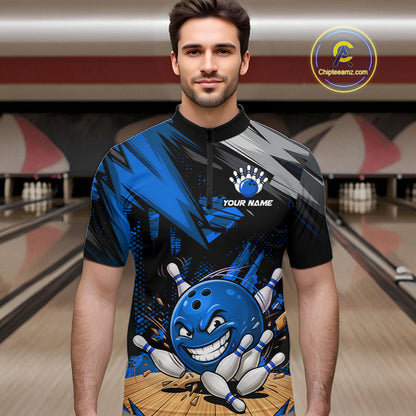 Front view of custom funny bowling ball men’s quarter-zip shirt, blue bowling team jersey