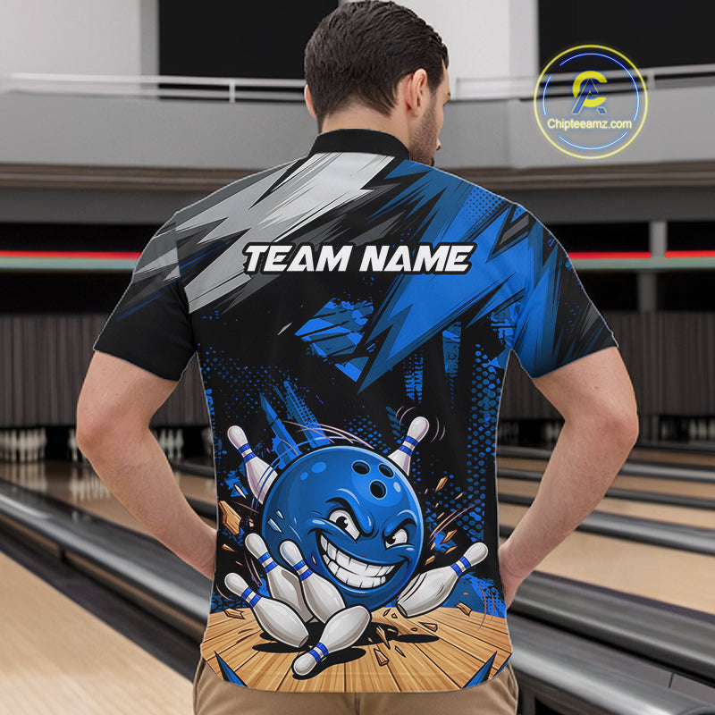 Back view of custom funny bowling ball men’s quarter-zip shirt, blue bowling team jersey