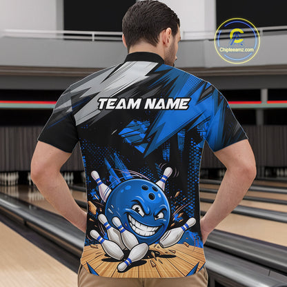 Back view of custom funny bowling ball men’s quarter-zip shirt, blue bowling team jersey