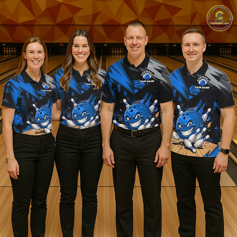men’s bowling team wearing matching custom funny bowling ball blue team shirts with personalized names