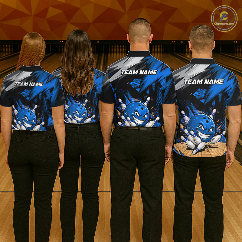 men’s bowling team wearing matching custom funny bowling ball blue team shirts with personalized names