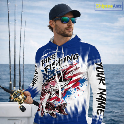 Personalized American Flag Northern Pike Long Sleeve Hooded Fishing Shirts, Patriotic Pike Fishing Jerseys|Blue NBT655