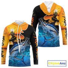 Load image into Gallery viewer, Marlin long sleeve hooded fishing shirt with fishing reaper design
Man wearing a colorful marlin fishing shirt on a boat