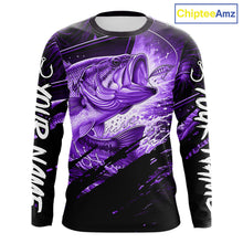 Load image into Gallery viewer, Long sleeve fishing shirt with purple bass fish design on a black background