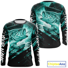Load image into Gallery viewer, Teal and black long sleeve fishing shirt with largemouth bass fish design on a white background