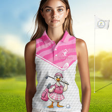Load image into Gallery viewer, Pink Zebra Pattern Funny Duck Womens Sleeveless Golf Polo Shirts, Cute Duck Golfer, Sporty Animal Golf Gift NBT658