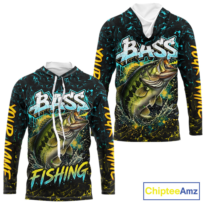 Personalized Neon Color Bass Long Sleeve Hooded Fishing Shirts, Largemouth Bass Fishing Jerseys For Men NBT668