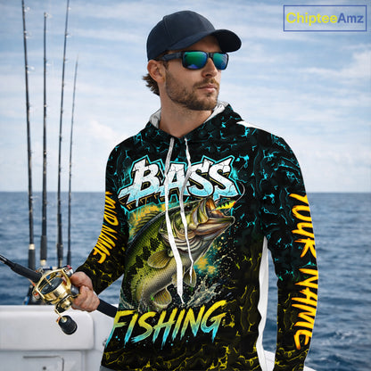 Personalized Neon Color Bass Long Sleeve Hooded Fishing Shirts, Largemouth Bass Fishing Jerseys For Men NBT668