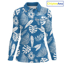 Load image into Gallery viewer, Blue long sleeve golf shirt with white tropical leaf pattern and 'Your Name' text