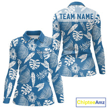 Load image into Gallery viewer, Blue and white tropical patterned long sleeve golf polo shirt with customizable text on a white background