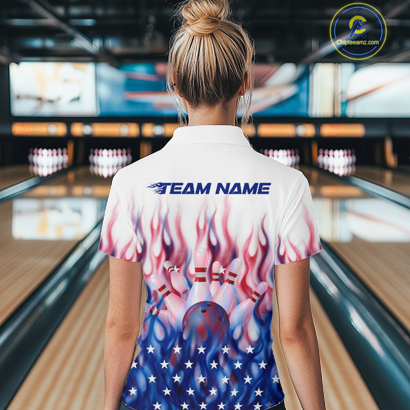 Fire American Flag Custom Patriotic Bowling Shirts For Women, Flame US Bowling League Shirt NBT934