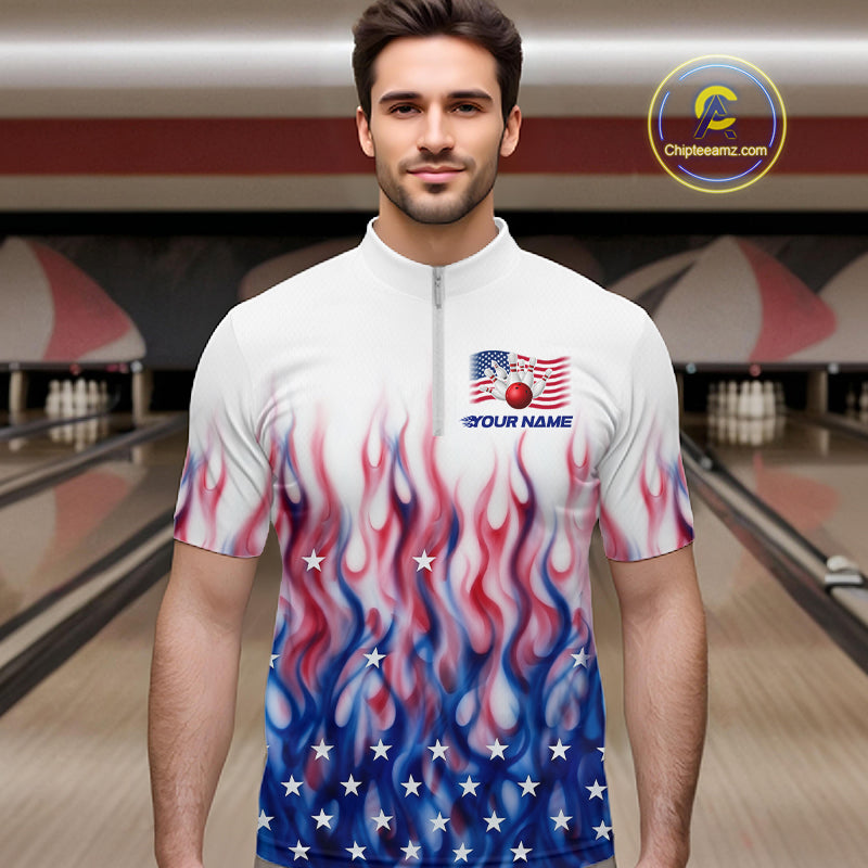 Fire American Flag Custom Patriotic Bowling Shirts For Men, Flame US Bowling League Shirt NBT934