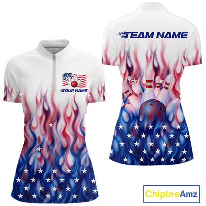 Fire American Flag Custom Patriotic Bowling Shirts For Women, Flame US Bowling League Shirt NBT934
