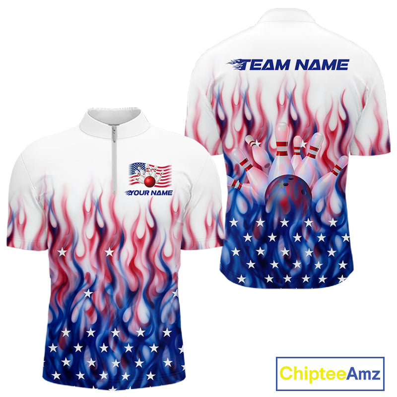Fire American Flag Custom Patriotic Bowling Shirts For Men, Flame US Bowling League Shirt NBT934